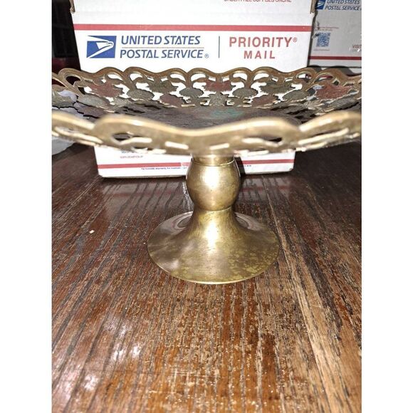 Vintage Handpainted Poppy Brass Pedestal Cake Plate Bowl Serving Piece Floral - Picture 5 of 6